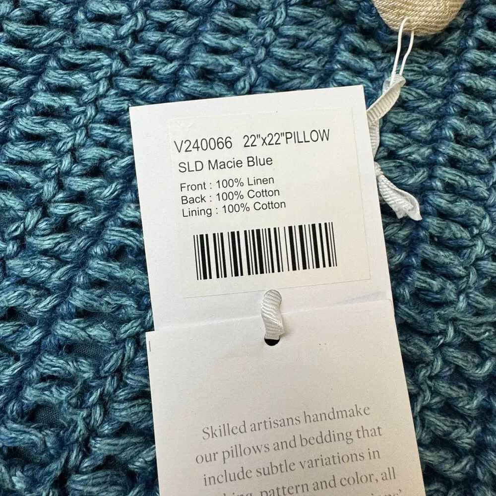 Villa Macie Pillow Cover in Blue Stonewashed Belgian Flax Linen Woven Front NEW